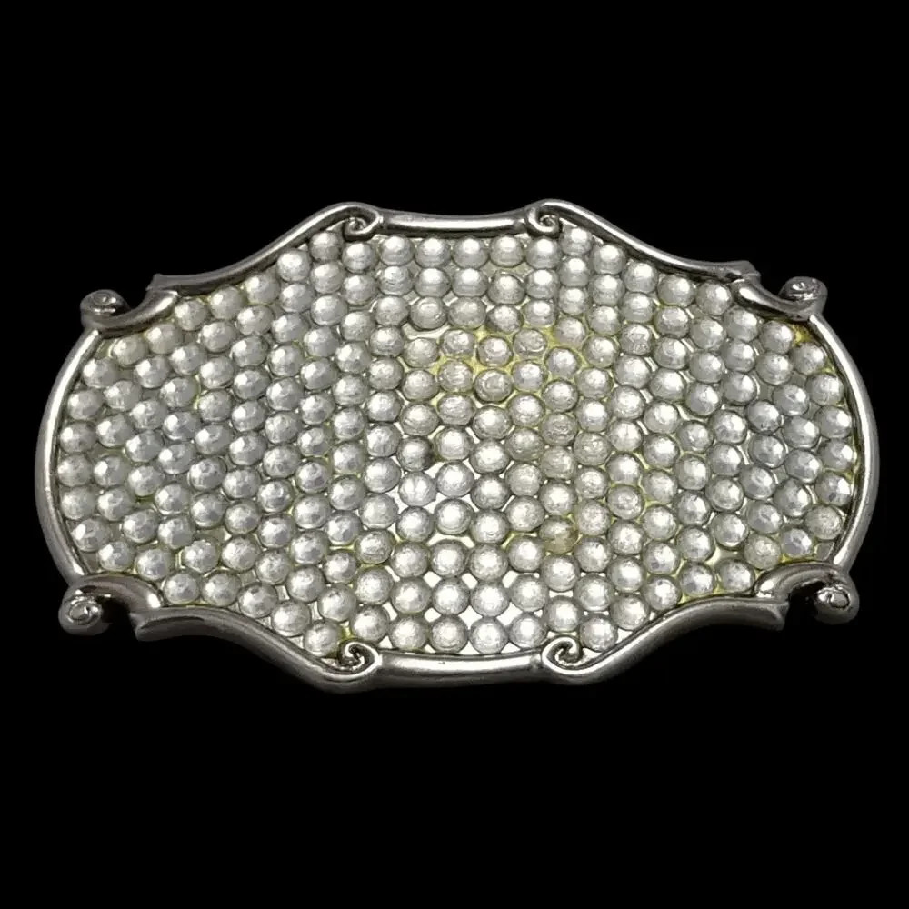Vintage Belt Buckle Women Glamour‎ Silver Color Clear Rhinestones Western